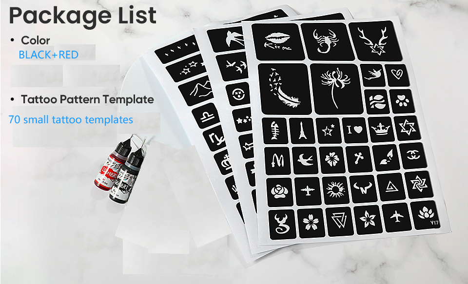 Temporary Tattoo Kit 2 Bottles Color Inks,70 Pcs Stencils Kit for Body Paint DIY Fake Tattoos for Kids(black1 ,red1 )