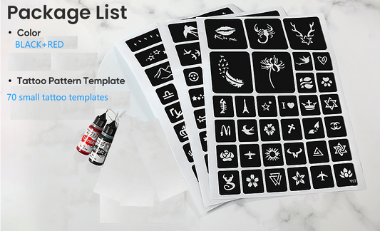 Temporary Tattoo Kit 2 Bottles Color Inks,70 Pcs Stencils Kit for Body Paint DIY Fake Tattoos for Kids(black1 ,red1 )